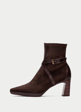 Load image into Gallery viewer, A dark brown suede ankle boot with a pointed toe, a stacked block heel, and a decorative ankle strap with a gold-tone buckle, shown against a light gray background.
