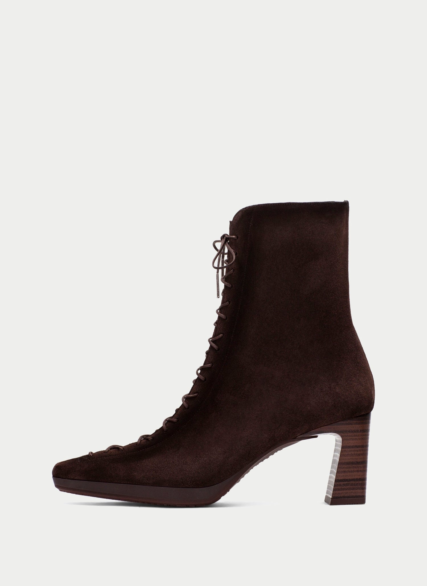 A dark brown suede lace-up ankle boot with a chunky block heel, shown in profile against a light gray background.
