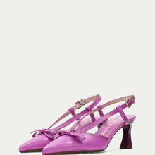 Load image into Gallery viewer, Pair of purple high-heeled shoes with a bow on a white background
