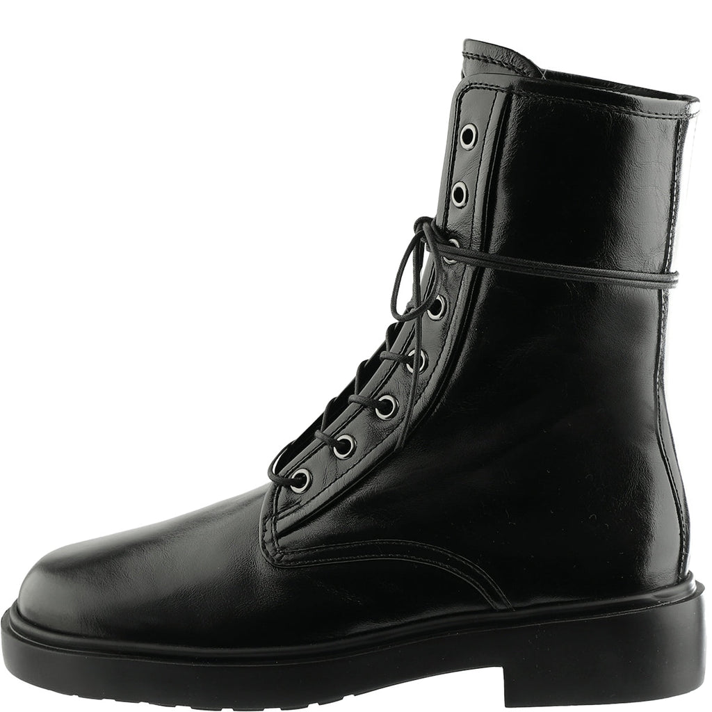 Black leather boot with lace-up design on a white background