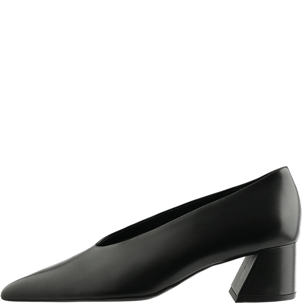 Black shoe with a block heel on a white background