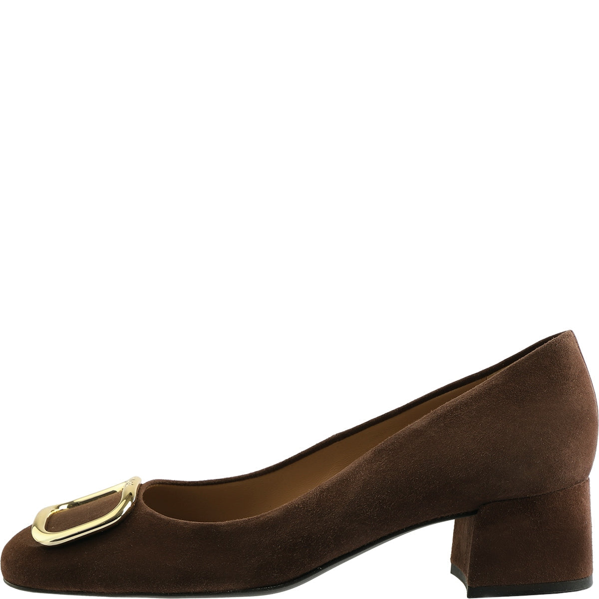 Brown shoe with a gold buckle on a white background