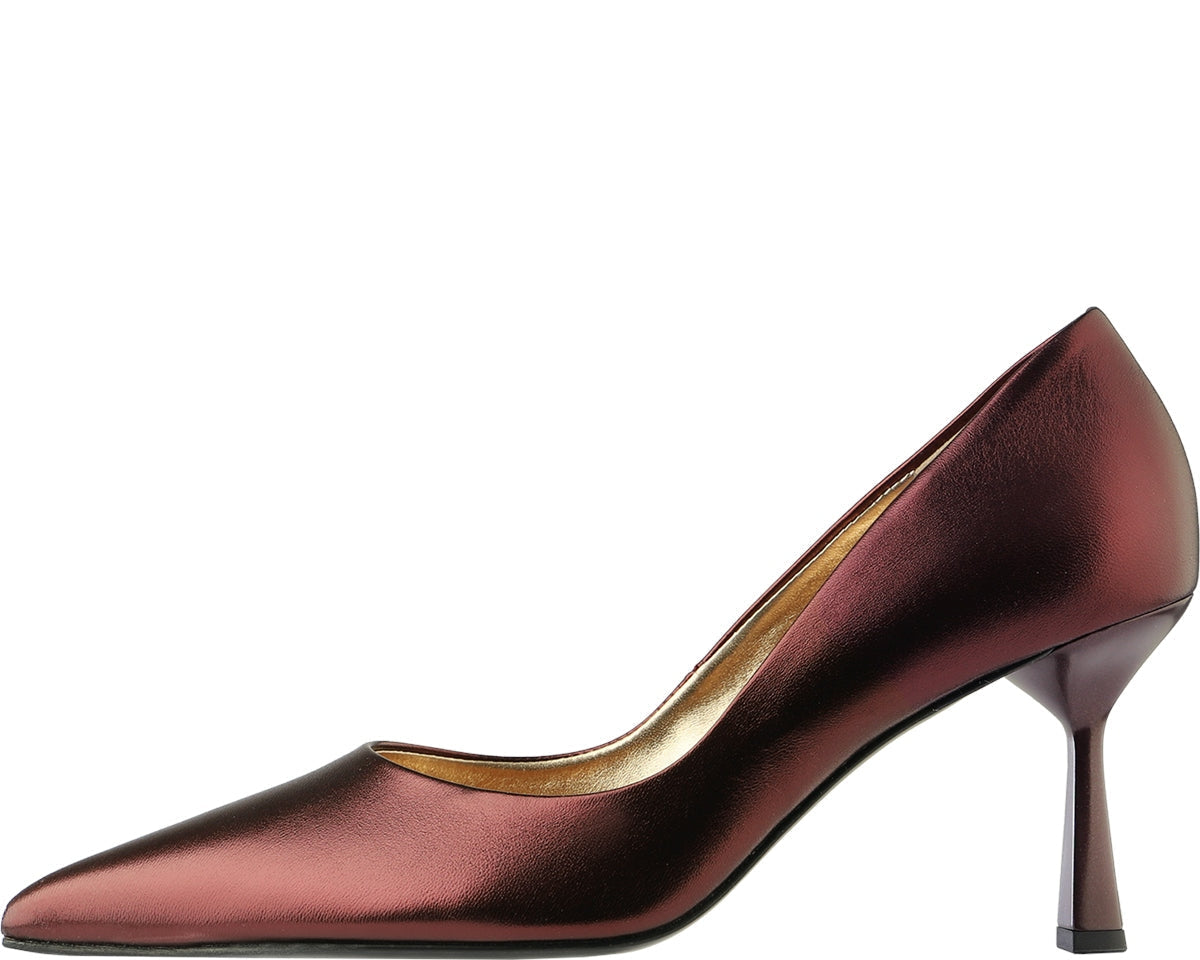 Maroon high-heeled shoe on a white background