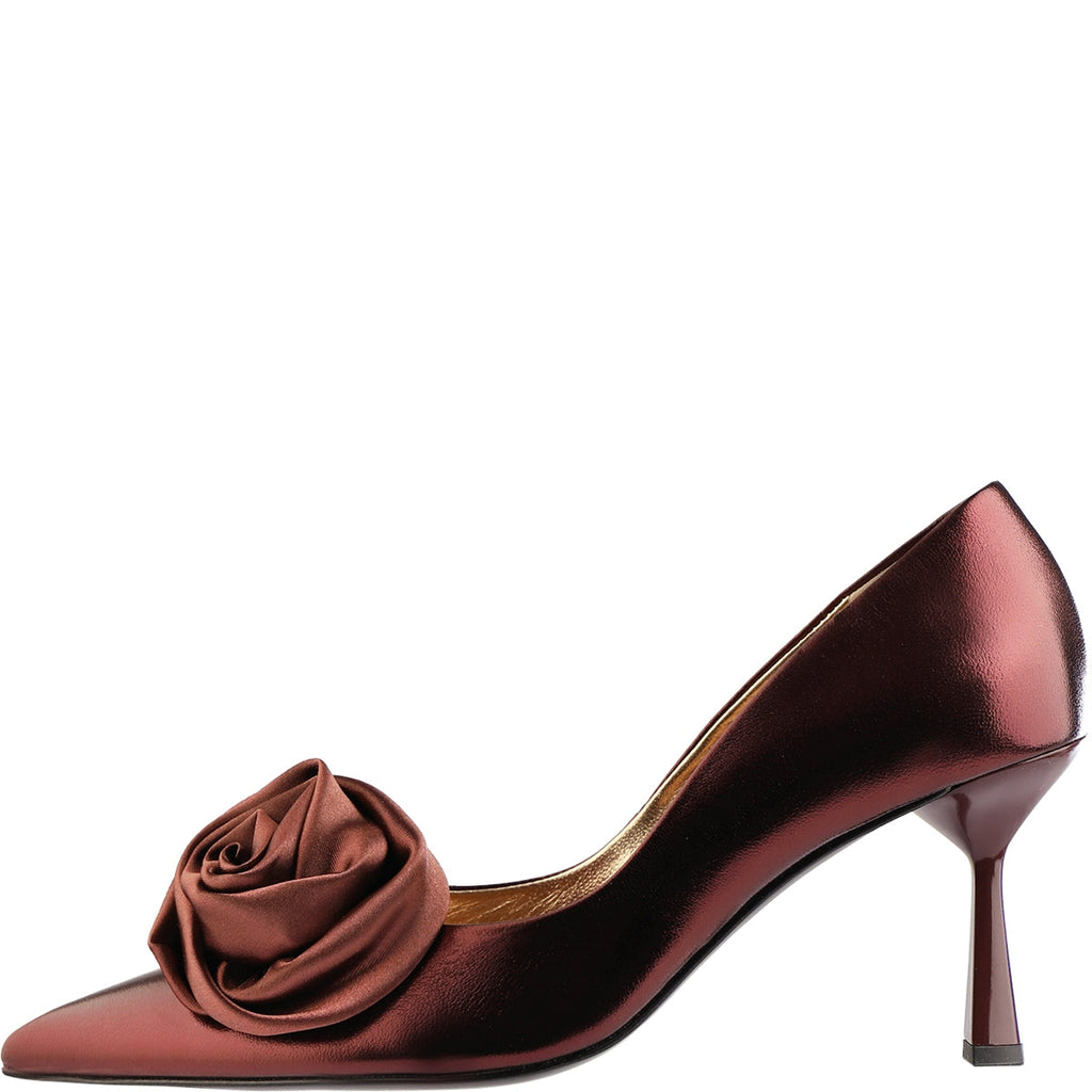 burgundy high-heeled shoe with a rose detail on a white background