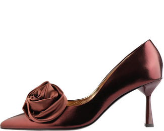 burgundy high-heeled shoe with a rose detail on a white background