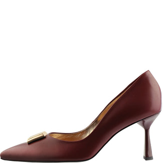 burgundy high-heeled shoe with a gold buckle on a white background