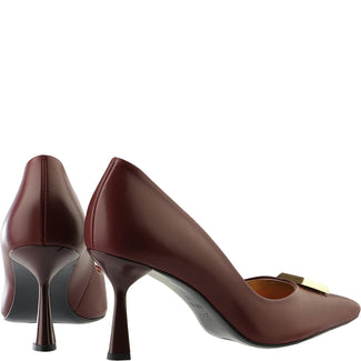 burgundy high-heeled shoe with a gold buckle on a white background