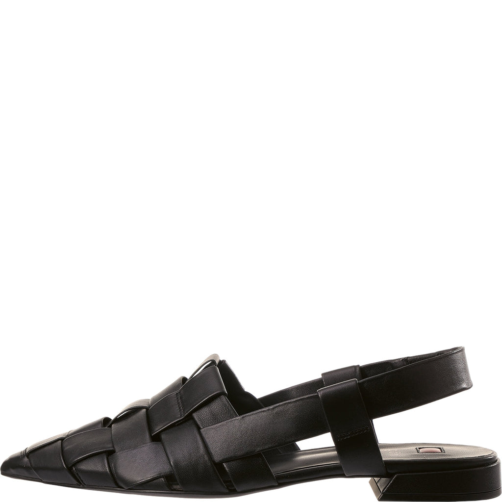 Black woven sandal on a white background