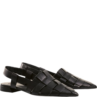 Black woven sandal on a white background