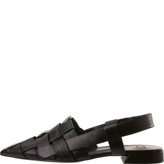 Black woven sandal on a white background
