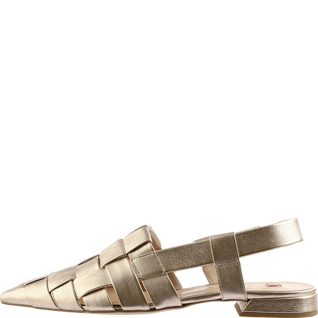 Gold sandal with woven design on a white background