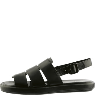 Black sandal with multiple straps on a white background