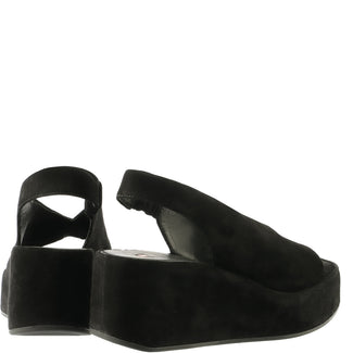 Black suede wedge sandals on a white background