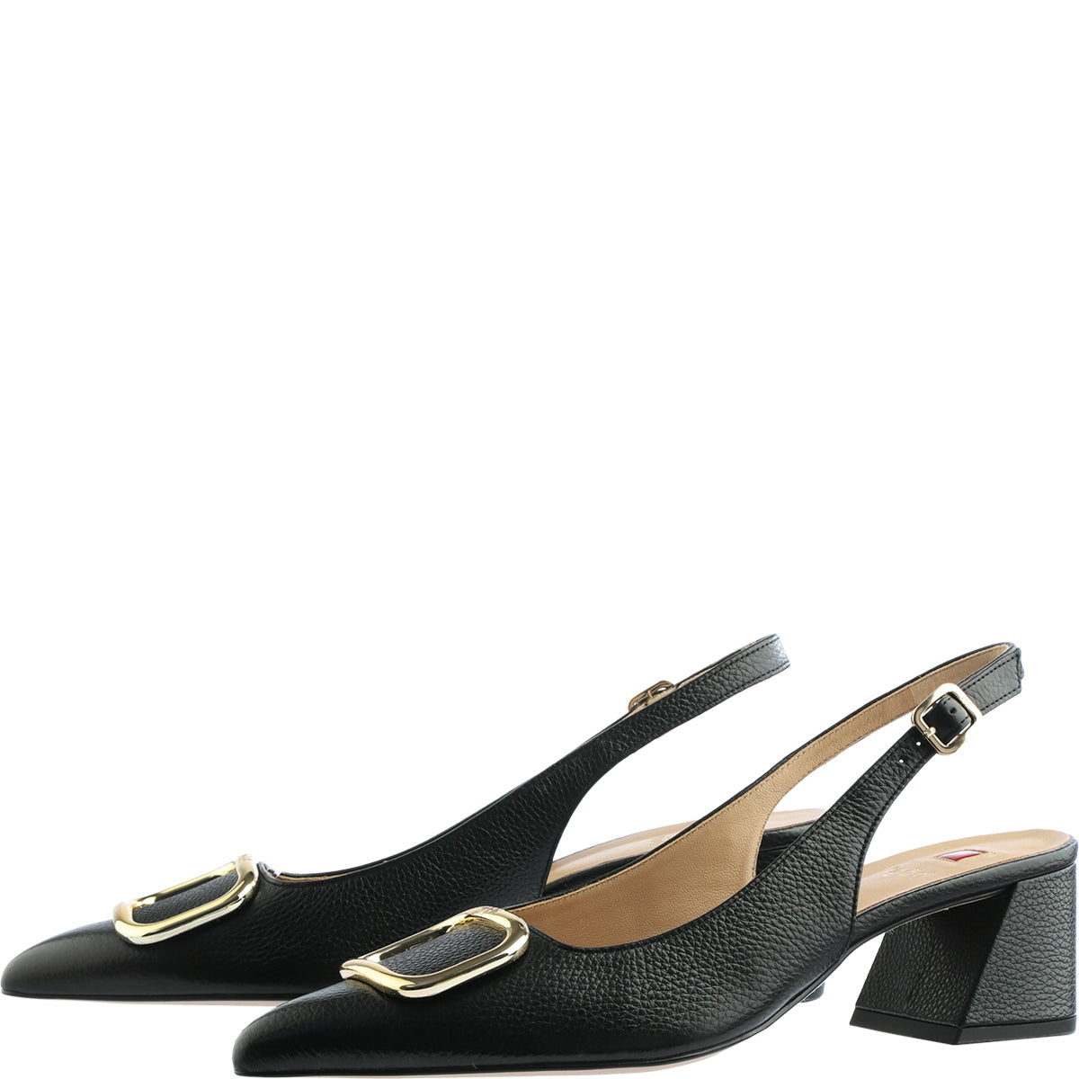 Black slingback heels with gold accents on a white background