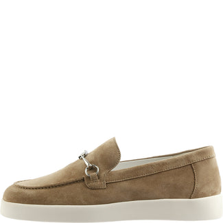 Brown suede loafer with a decorative ring on a white background