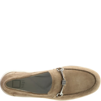 Brown suede loafer with a decorative ring on a white background