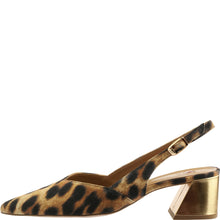 Load image into Gallery viewer, Leopard print slingback shoe with gold heel on a white background
