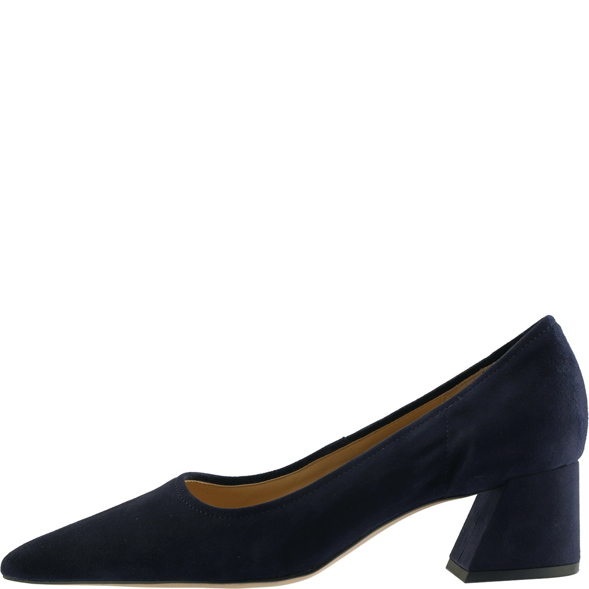 Navy blue shoe with a block heel on a white background
