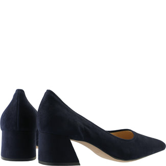 Navy blue shoe with a block heel on a white background