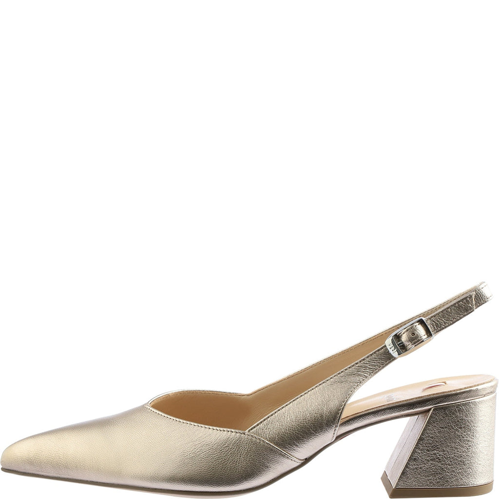 Gold high-heeled shoe on a white background