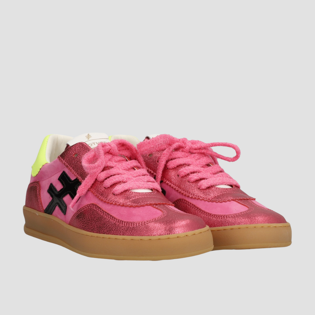 Pink sneakers with a black logo on a light gray background