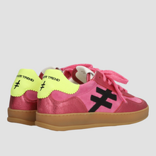 Load image into Gallery viewer, Pink sneakers with yellow accents and black logo on a white background
