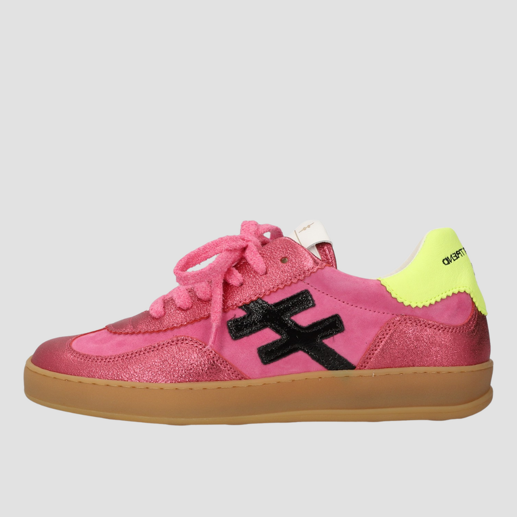 Pink sneaker with black accents and a yellow heel on a light gray background