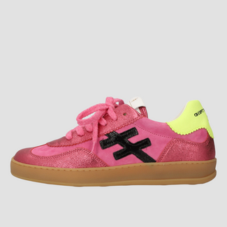 Pink sneaker with black accents and a yellow heel on a light gray background