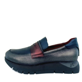 Navy loafer with red interior on a white background