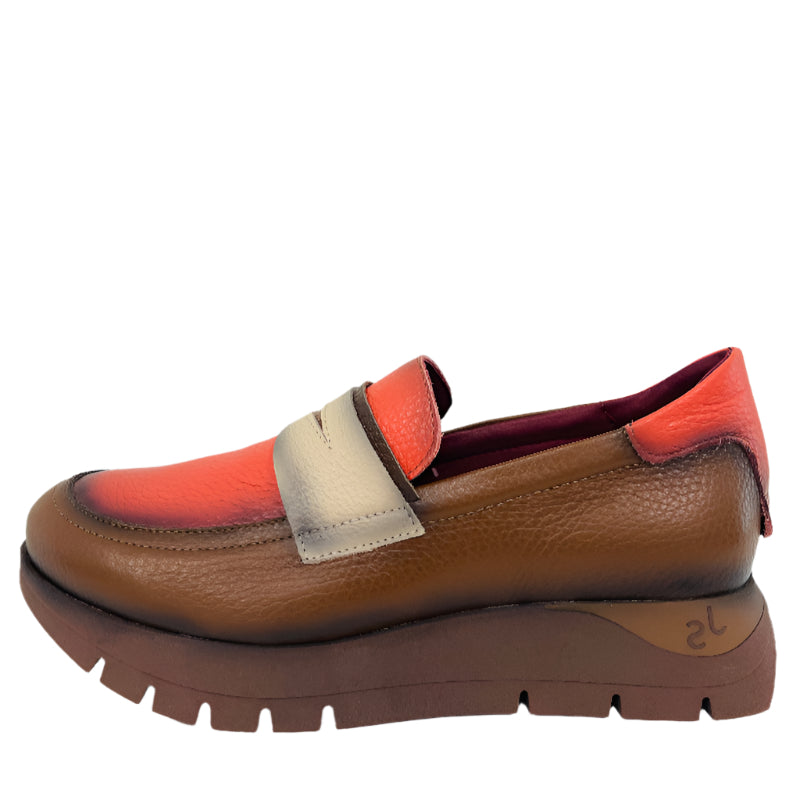 Brown loafer with orange and beige accents on a white background