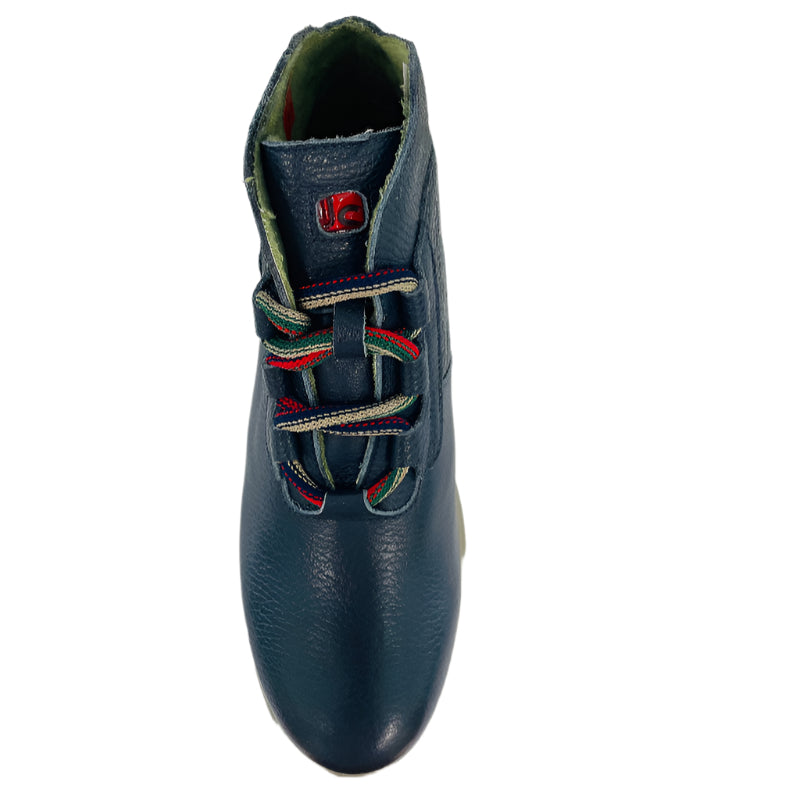 Blue shoe with colorful laces on a white background