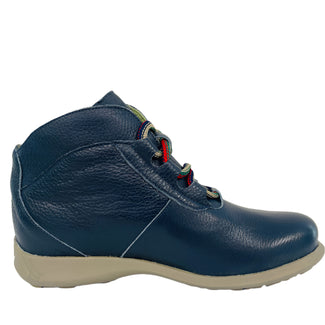 Navy blue leather shoe with red and green laces on a white background