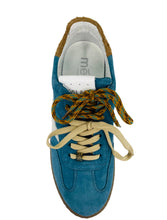 Load image into Gallery viewer, Blue sneaker with yellow laces on a white background
