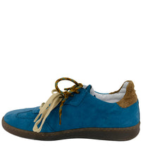 Load image into Gallery viewer, Blue suede shoe with brown accents on a white background
