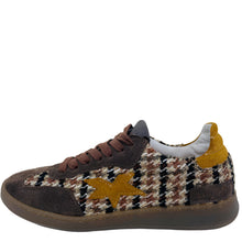 Load image into Gallery viewer, Brown and yellow sneaker with plaid pattern on a white background
