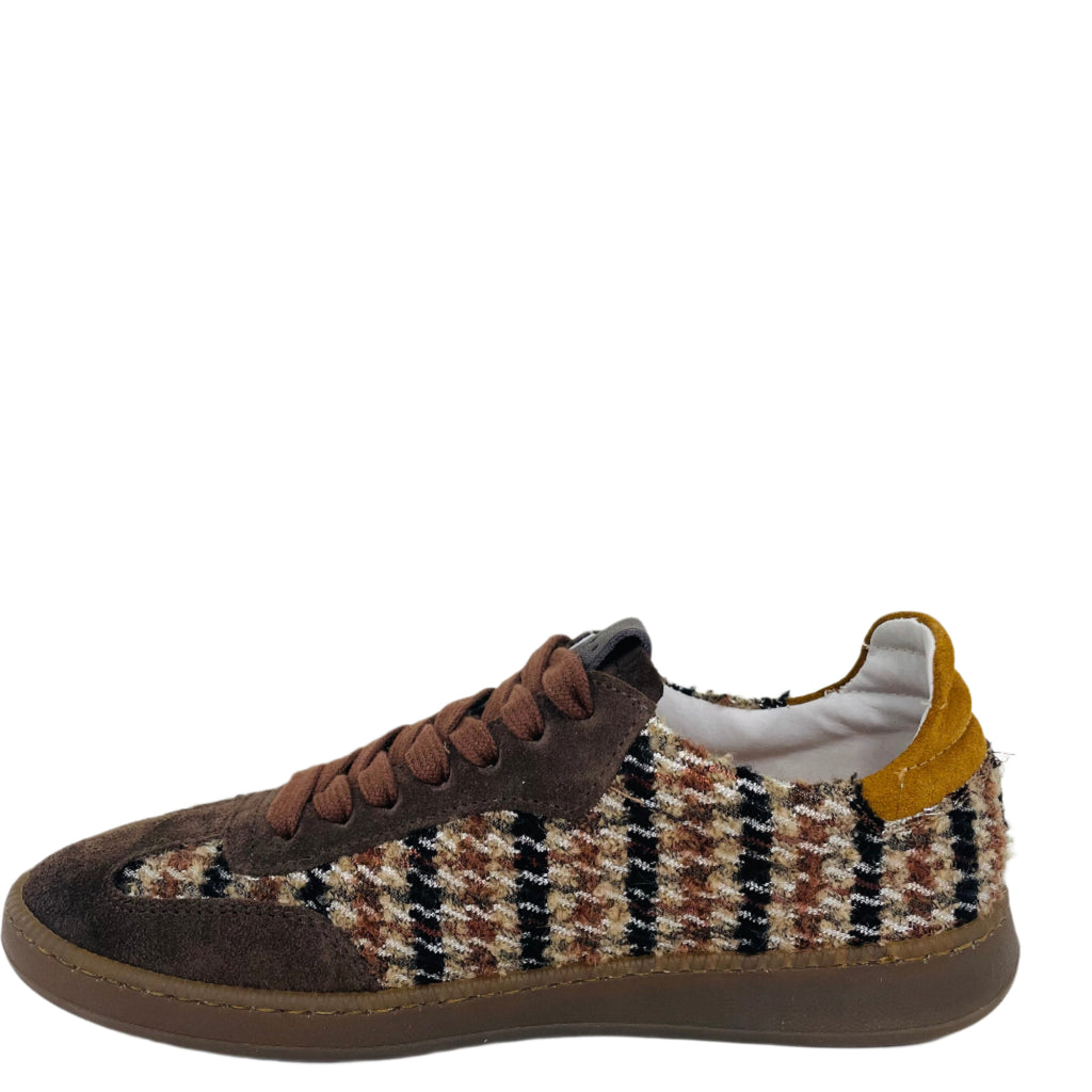 Brown and patterned sneaker on a white background