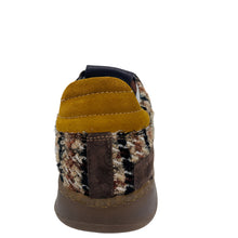 Load image into Gallery viewer, Child&#39;s shoe with brown and mustard color pattern on a white background
