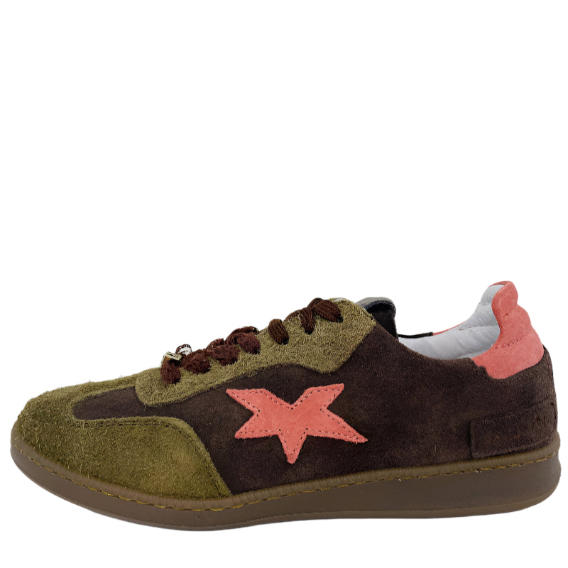 Brown and green sneaker with a pink star on a white background