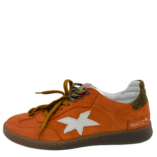 Orange sneaker with a white star on a white background