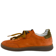 Load image into Gallery viewer, Orange suede shoe with brown sole on a white background
