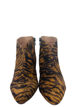 Load image into Gallery viewer, Pair of tiger striped ankle boots on a white surface with a neutral background
