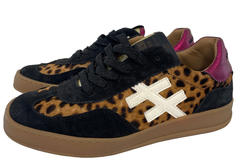 Sneaker with leopard print and black design on a white background