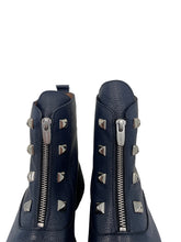 Load image into Gallery viewer, Two navy blue leather bags with silver zippers and studs on a white background
