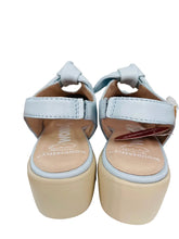 Load image into Gallery viewer, Pair of light blue sandals with beige soles on a white surface.
