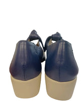 Load image into Gallery viewer, Pair of blue shoes with beige platforms on a white surface.
