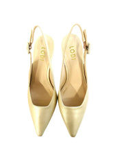 Load image into Gallery viewer, Pair of beige high-heeled shoes with 'LODI' branding on a white box against a wooden surface.
