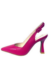 Load image into Gallery viewer, Pink high-heeled shoe on a wooden surface with a blurred background
