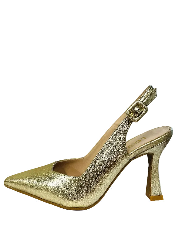 Gold high-heeled shoe on a white surface with a neutral background