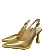 Load image into Gallery viewer, Gold high-heeled shoes on a surface with a blurred background
