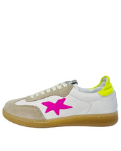 Load image into Gallery viewer, White sneaker with a pink star and yellow heel on a white surface.
